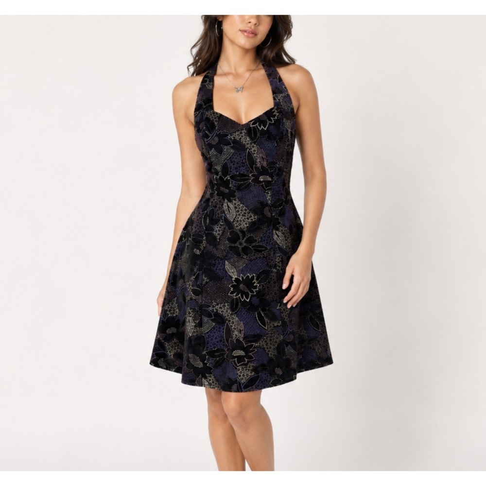 Vtg Y2K Steppin Out Dress 9 Black Floral Velvet Halter Prom Party Whimsigoth NEW